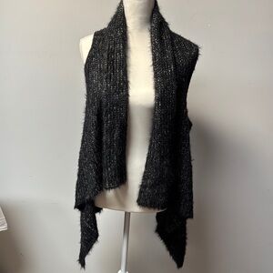 Black White Soft Textured Knit Poncho with Shawl Collar asymmetrical bohemian